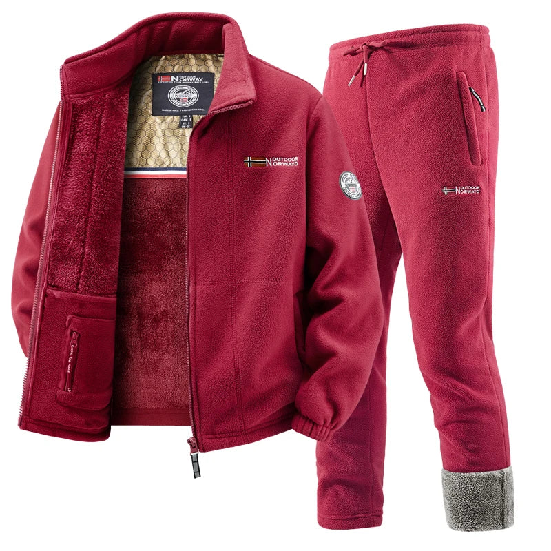 طقم ملابس رياضية شتوية عالي الجودة للرجال، بتصميم كلاسيكي، يتكون من جاكيت وبنطال من الصوف السميك، مناسب للتدريب والتزلج وا