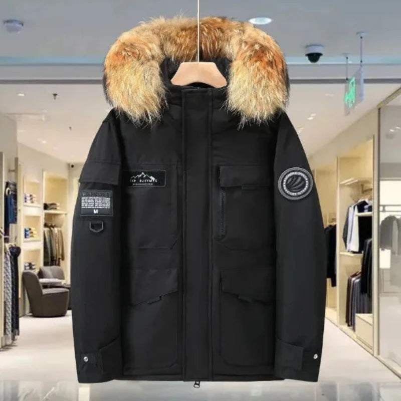 معاطف شتوية رجالية جديدة بغطاء رأس وياقة من الفرو، مصنوعة من ريش البط، عالية الجودة ومقاومة للماء، باركا أنيقة