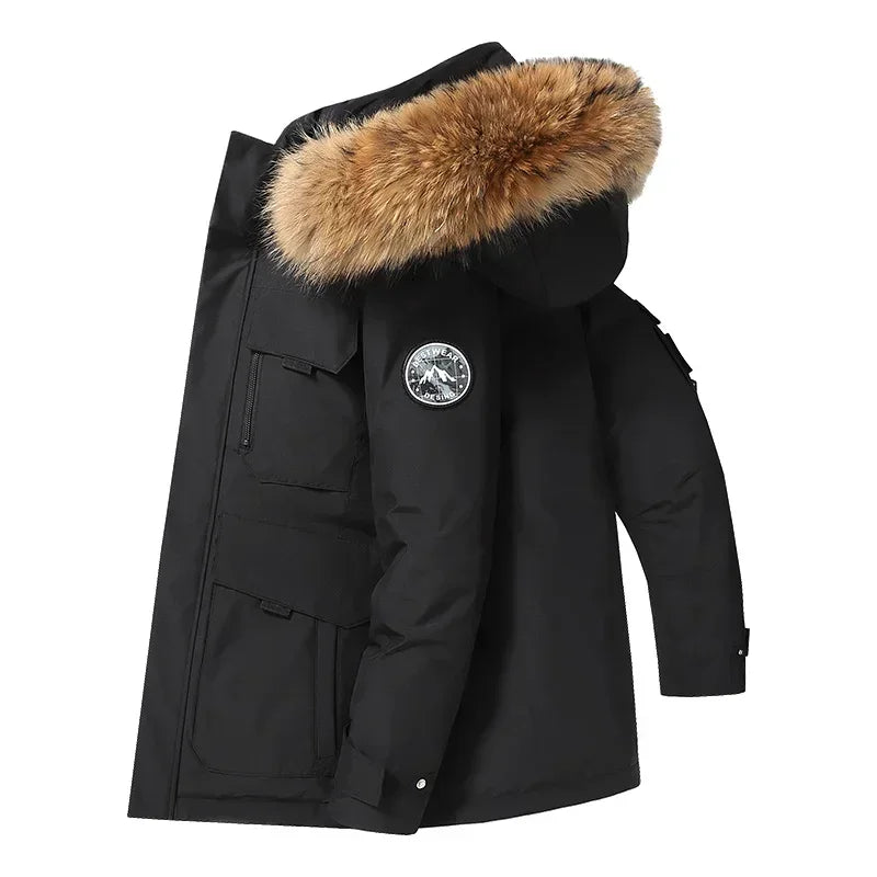 معاطف شتوية رجالية جديدة بغطاء رأس وياقة من الفرو، مصنوعة من ريش البط، عالية الجودة ومقاومة للماء، باركا أنيقة