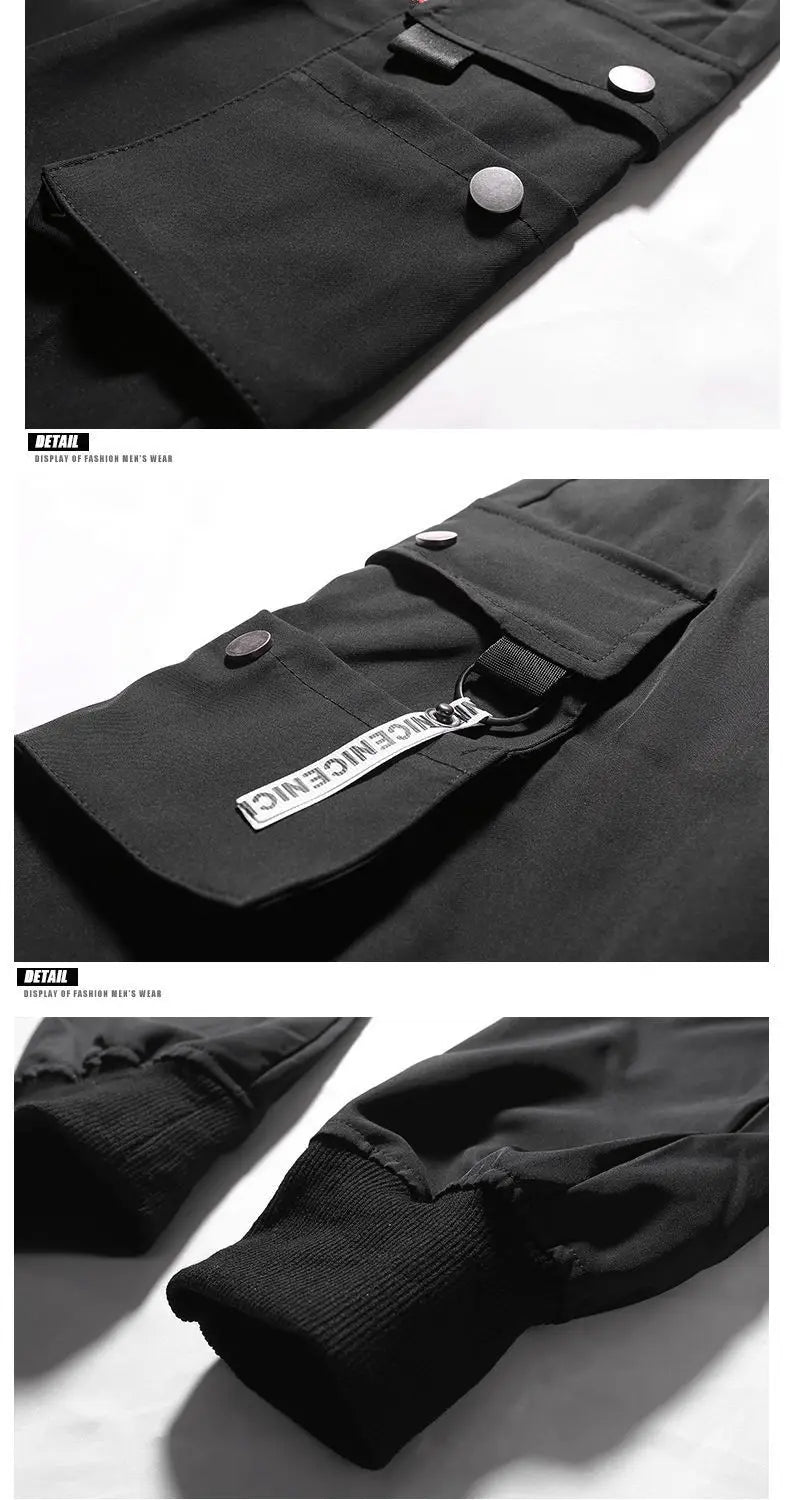 بنطال رياضي رجالي كاجوال متعدد الجيوب بلون موحد، بخصر مطاطي متوسط الارتفاع وأساور قابلة للانكماش برباط