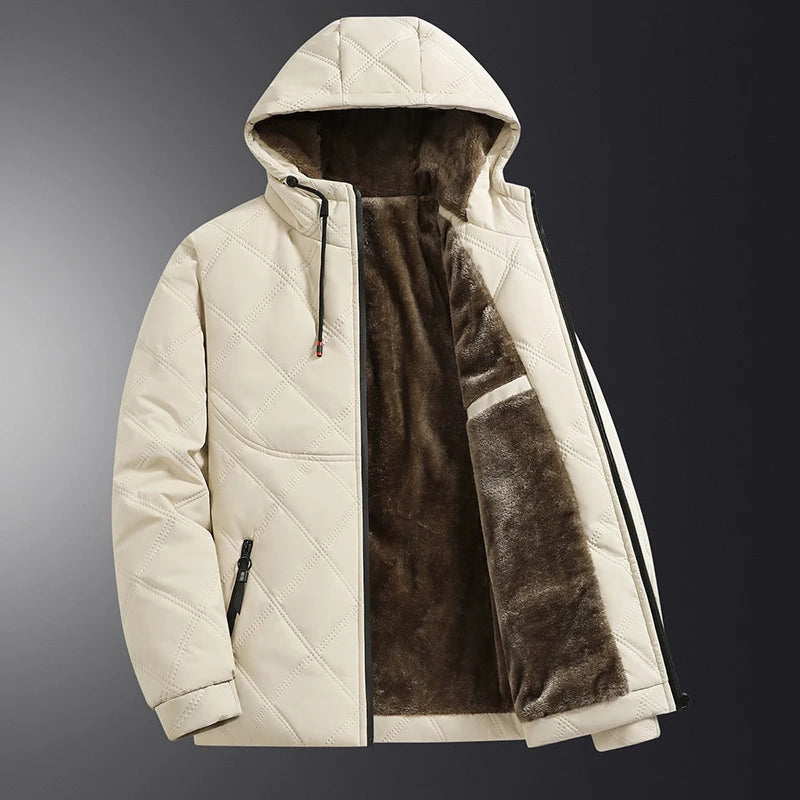 معاطف شتوية رجالية دافئة من الصوف والريش، معاطف قطنية سميكة مبطنة، معاطف واقية من الرياح مزودة بغطاء رأس.