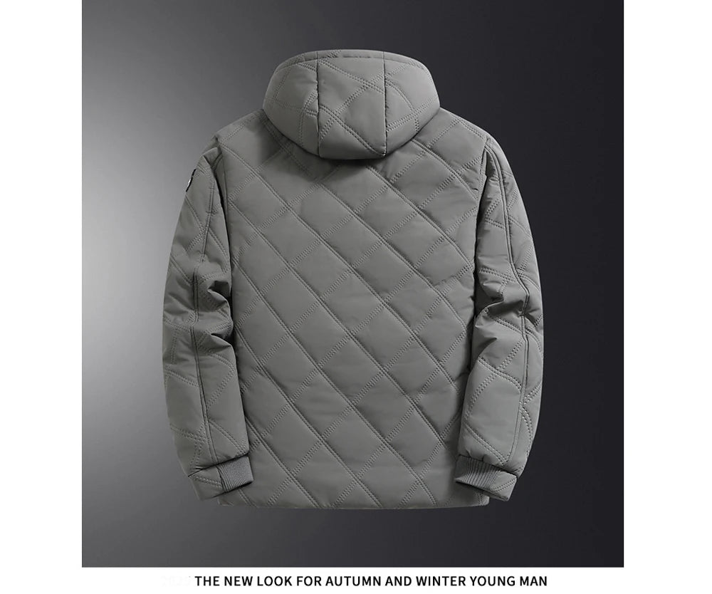 معاطف شتوية رجالية دافئة من الصوف والريش، معاطف قطنية سميكة مبطنة، معاطف واقية من الرياح مزودة بغطاء رأس.