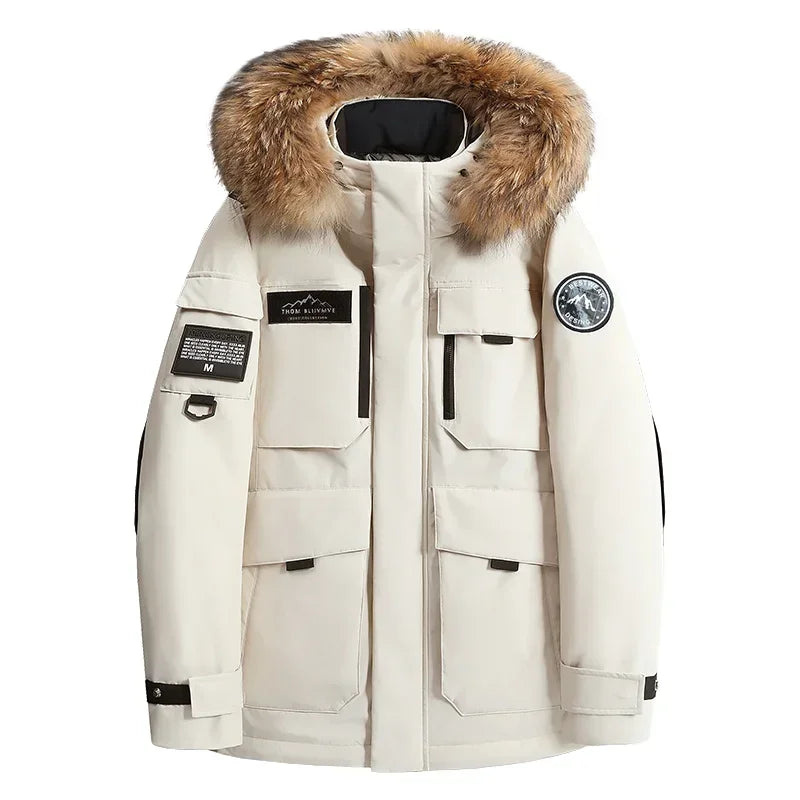 معاطف شتوية رجالية جديدة بغطاء رأس وياقة من الفرو، مصنوعة من ريش البط، عالية الجودة ومقاومة للماء، باركا أنيقة